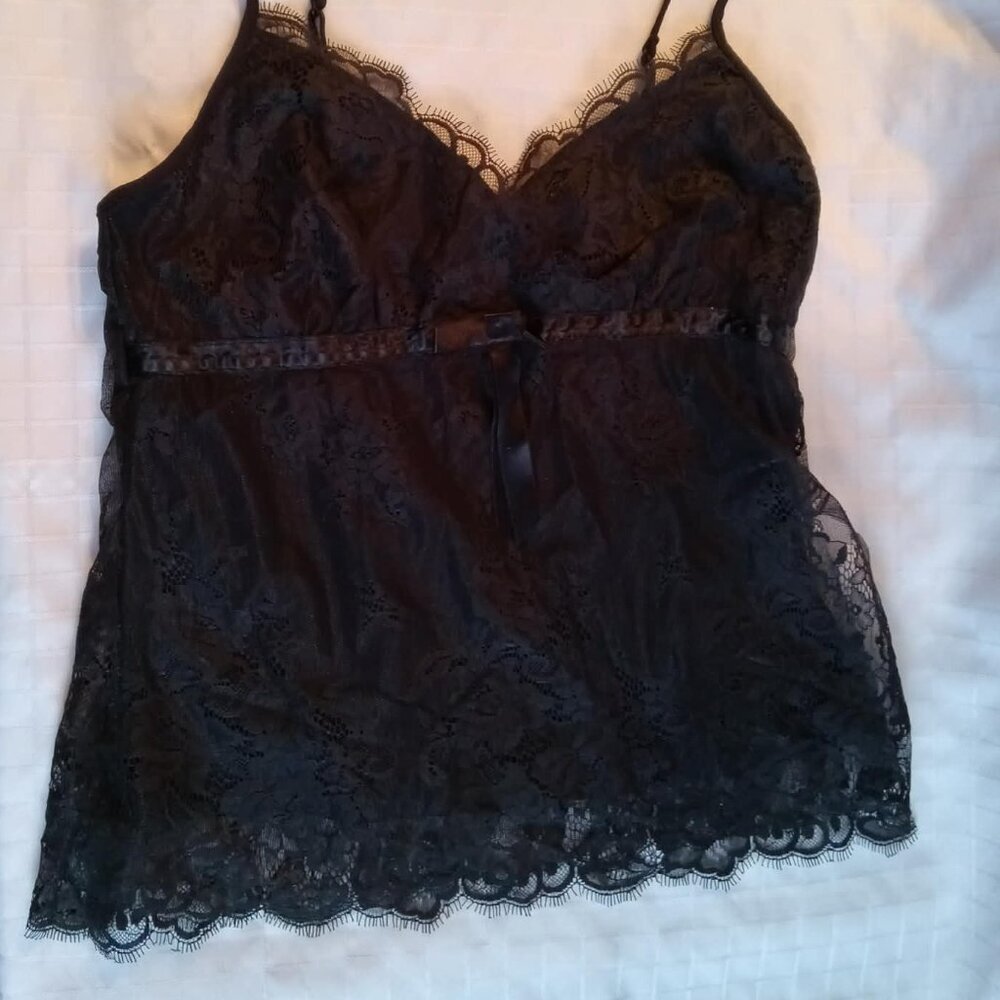 Vintage black lace camisole with layered sides, small buckle, adjustable straps